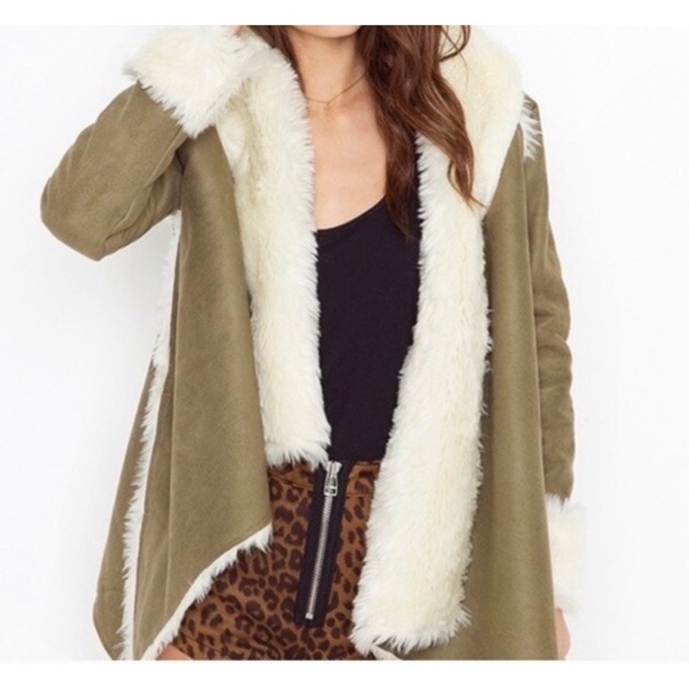 UNIF Chelsea Shearling Coat Women small Olive Faux Fur Open Front penny lane Y2K